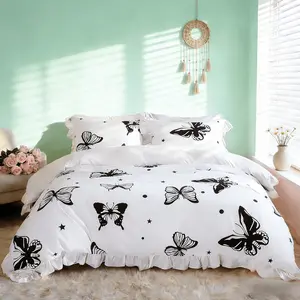 Butterfly Ruffle Bedding Set 3 Piece, Soft Bedding Sets, Includes 1 Duvet Cover+ 2 Pillowcases, No Insert Ultra Soft All Seasons, Zipper Closure, Full Size, Daughter Bedroom Decor
