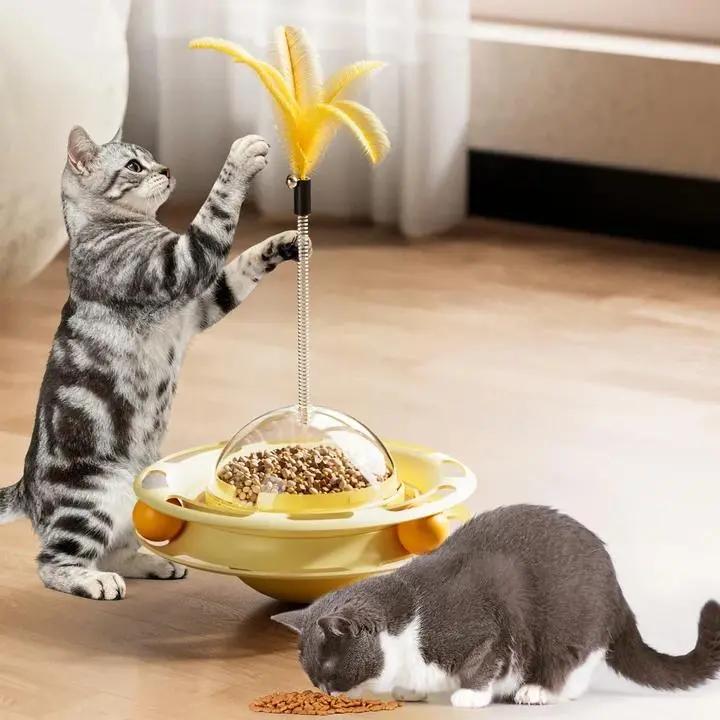 Cat Toys 3 in 1 Interactive Wobbling Cat Roller Toy , Moving Feather, 360 Rotating Food Leakage Device,Solve cat Anxie