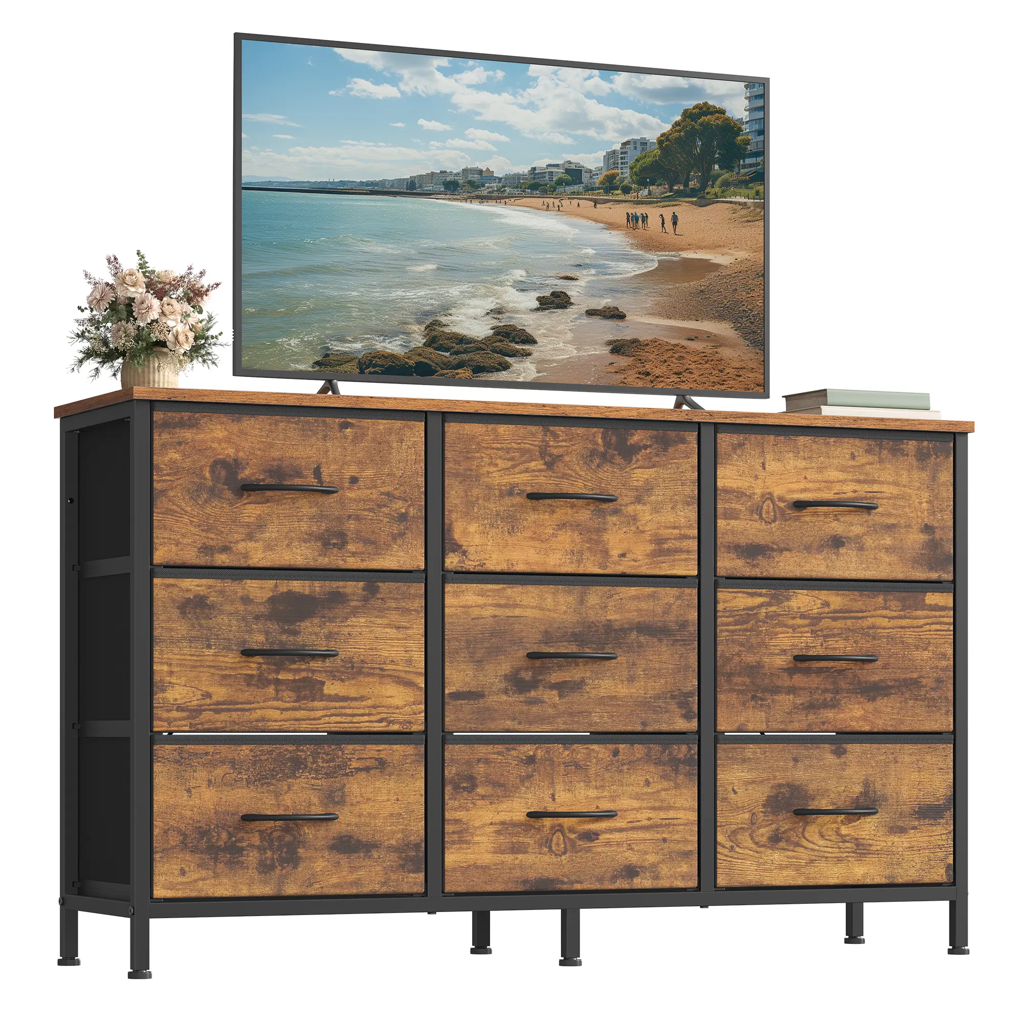 SONGMICS Industrial Dresser TV Stand with Steel Frame, 9-Drawer Storage Unit for Bedroom & Living Room, Fits TVs Up to 55 Inches