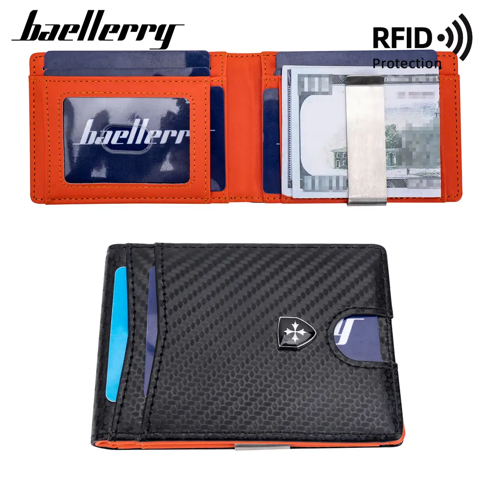 Baellerry Slim Wallet for Men, 11 Card Slots, RFID Blocking, Bifold Leather Card Holder, Carbon Fiber, Gift Box