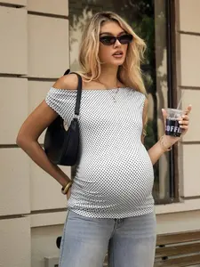 Asymmetrical Shoulder Maternity Top, T-Shirt. Sexy One-Shoulder Design, Side Ruched Waist Slimming, Classic Black & White Polka Dot Retro Chic, Stretchy Fabric Hugs Body Shape, Suitable For Daily Commute Or Dates Maternity Tops For Pregna