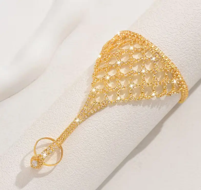 Luxury Rhinestone Hand Chain Bracelet for Women – Crystal Finger Bracelet Ring Set,Sexy Back-of-Hand Chain, Adjustable Crystal Wrap Bracelet Ring Set for Party & Banquet（Copper Rhinestone Jewelry） jewellery