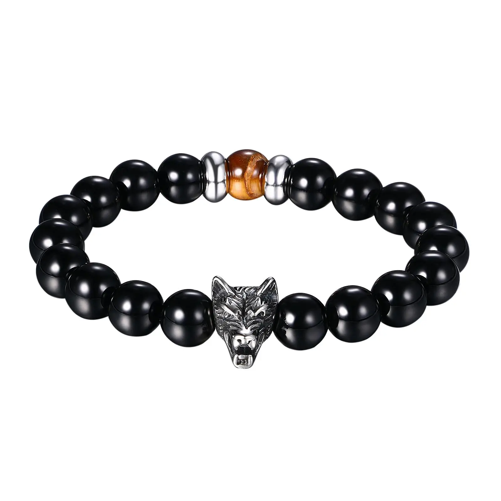OIDEA Viking Wolf Head Bracelet for Men, Black Onyx Beaded Stretch Bracelet, Stainless Steel Wolf Charm Energy Stone Bracelet Gift