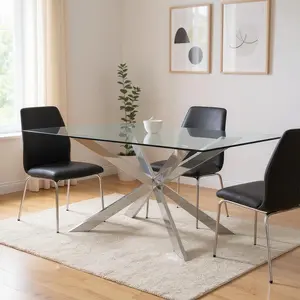 212 MAIN Contemporary Clear Glass Top & Silver Metal Frame Dining Table, 30x72x42 in., Cross Legs Base, Easy Cleaning Indoor Furniture