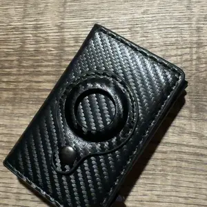 Mens Smart Wallet Card Holder for AirTag: Leather,  RFID Blocking, Slim, Carbon Fiber, Minimalist - 6-9 Card Capacity | ID Window | Cash Slot
