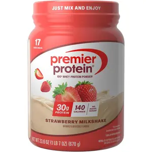 Premier Protein Powder, Strawberry Milkshake, 30g Protein, No Added Sugar, 100% Whey Protein, Keto Friendly, Soy & Gluten Free, 24.5 oz (17 Servings)
