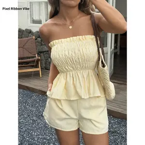 Casual and simple strapless ruffle-trim shorts set for women