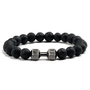 Men's Matte Black Lava White Bead Pendant Dumbbell Beaded Bracelet Women's Barbell Fitness Jewelry