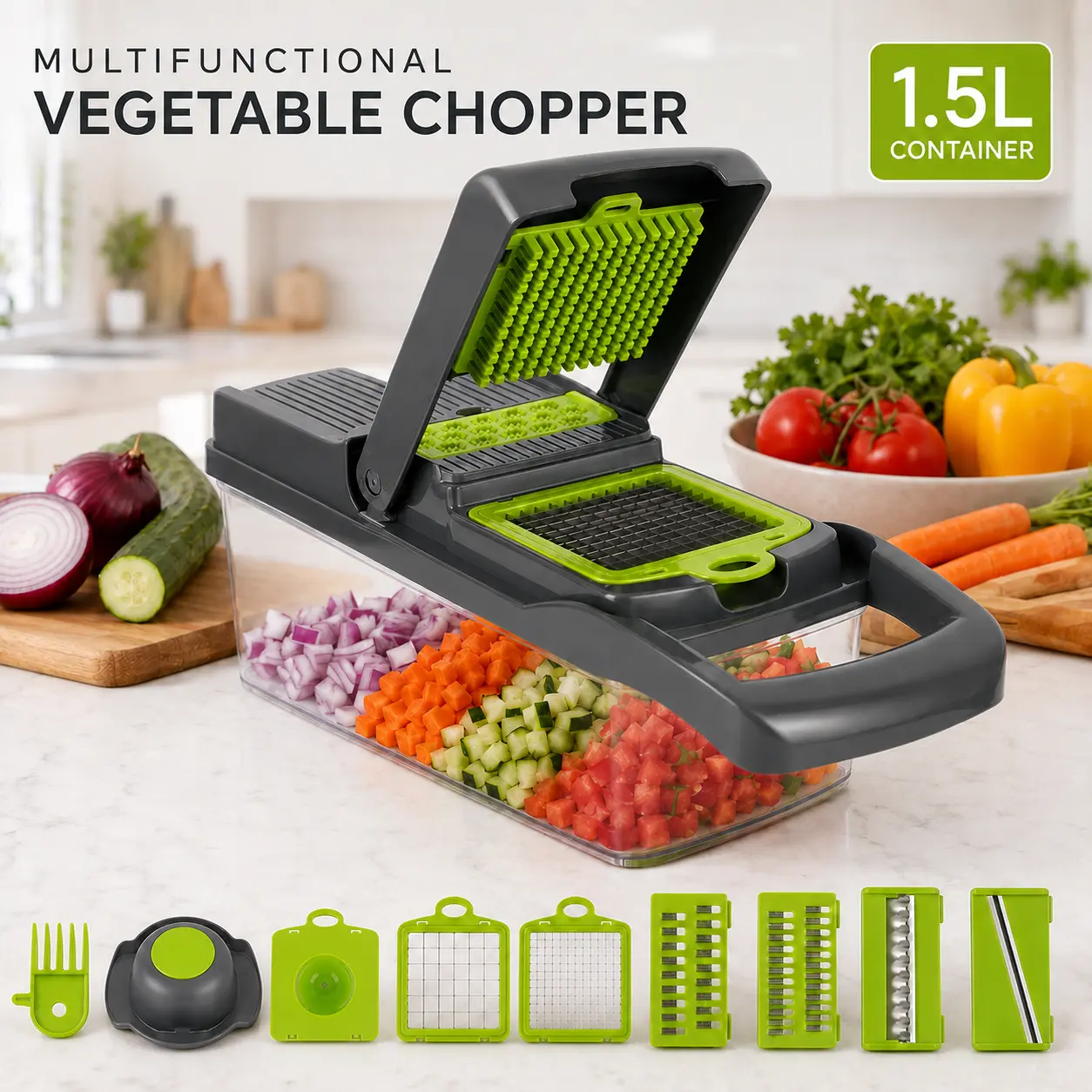 Stainless Steel Blade Manual Vegetable Chopper with 1.5L Container, Onion Dicer, Mandoline Slicer & Grid Chopping Tool for Quick Meal Prep – Essential Kitchen Food Processor Gadget