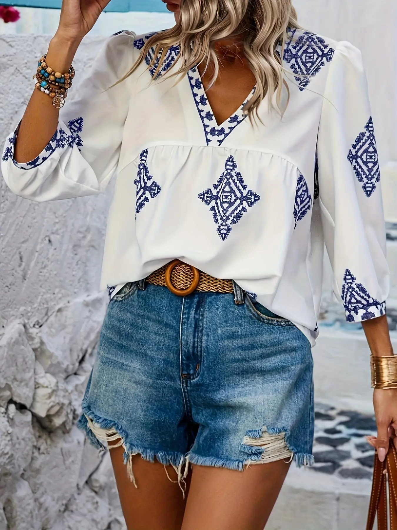 Women's Fashion New Boho Geometric Print V-Neck Seven-Sleeve Blouse Shirt, Spring Summer Casual Wear, Vacation Daily Outing