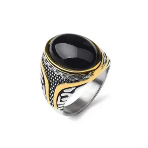 1pc Minimalist 316L Stainless Steel ring Onyx Tiger eyes Turquoise Ring, Men's Retro Oval natural Stone ring fashion 316L Stainless Steel ring