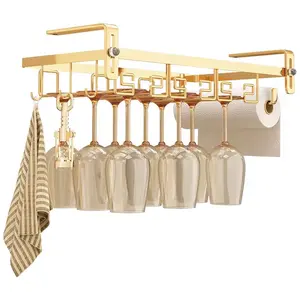 Adjustable Metal Under Cabinet Storage Rack Stemware Wine Glass Holder with High Visibility Hanger for Kitchen Organization Gold Finish