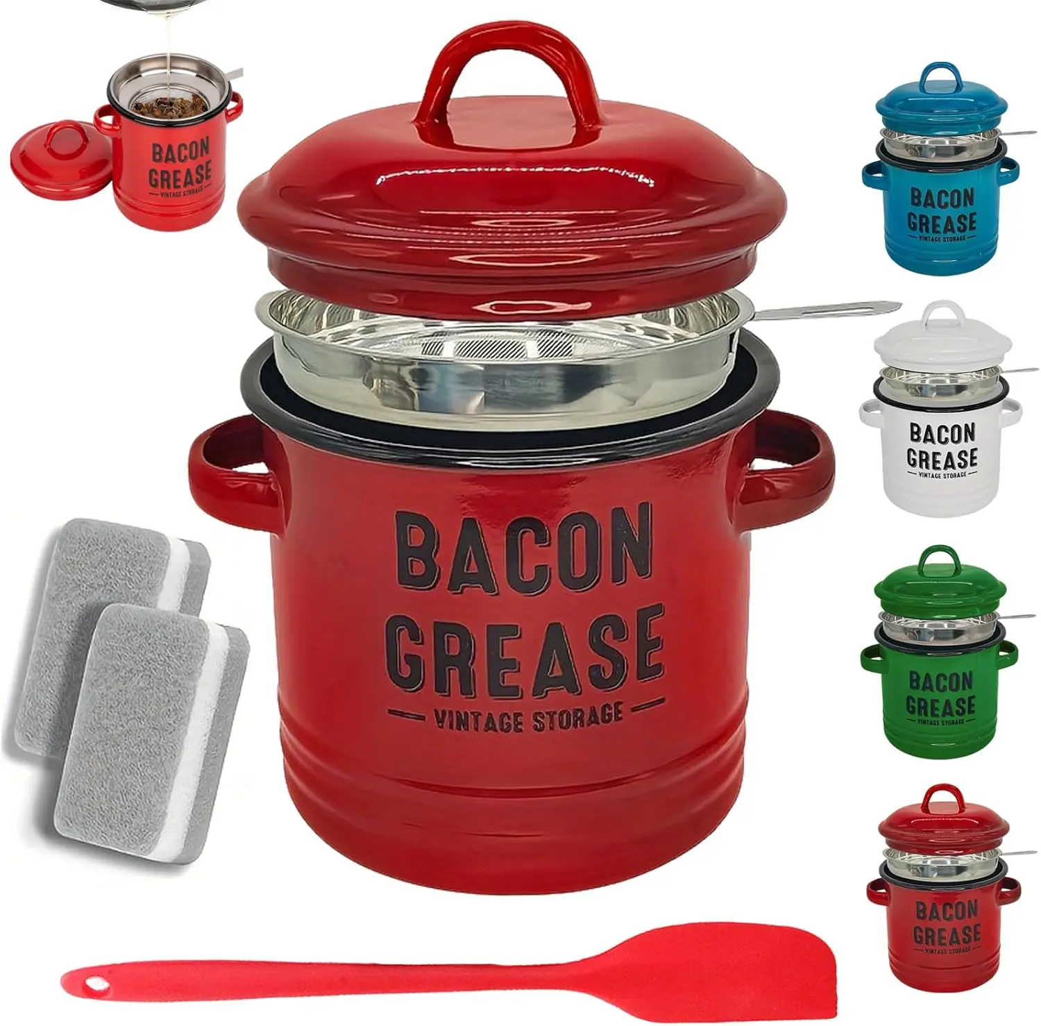 46oz Bacon Grease Container with Strainer,Enamel Ceramic Bacon Fat Can for Grease Drippings and Storage Grease Saver Keeper for Reuse & Disposal (Red)