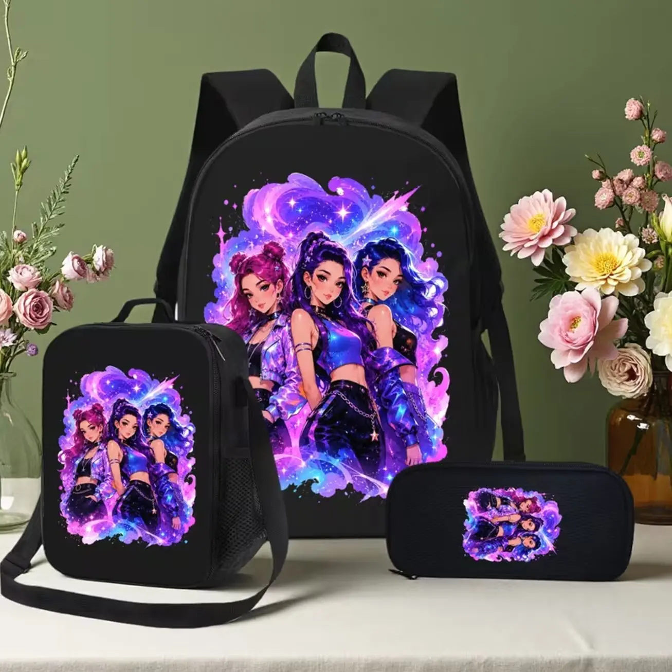 1/2/3pcs Anime K-Pop Backpack, Fantasy Warrior Graphic School Bag with Crossbody Bag & Pouch, Trendy Lightweight Carry Set, Great Gift Idea for Girls, Teens, Students & Anime Fans