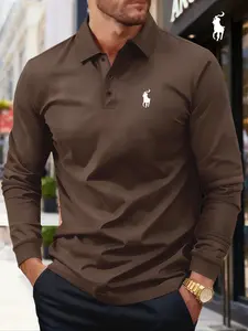 Men's Plus Size Solid Color Long Sleeve Classic Polo Shirt, High-End Fashion Fabric, Casual Geometric Design, All Seasons Wear, Menswear, Perfect Gift