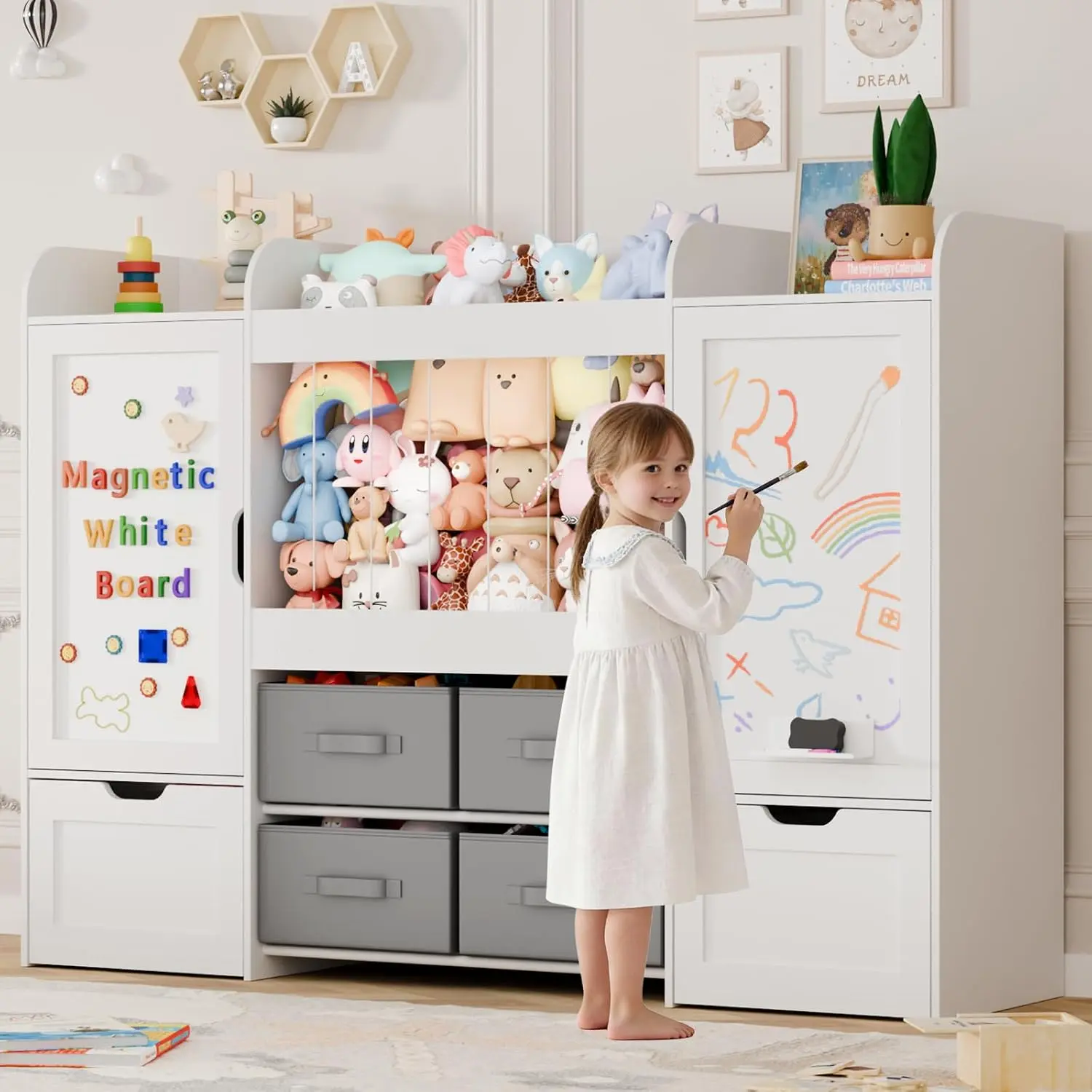 VORTIN T 61" Wide Multifunctional Wooden Toy Storage Organizer - Children's Toddler Bookshelf, 122L Stuffed Animal Storage, 2 Magnetic Drawing Boards, 2 Movable Toy Boxes, 4 Fabric Bins for Kids Room/Playroom (Multifunctional Bookshelf), Childrens Bookshe