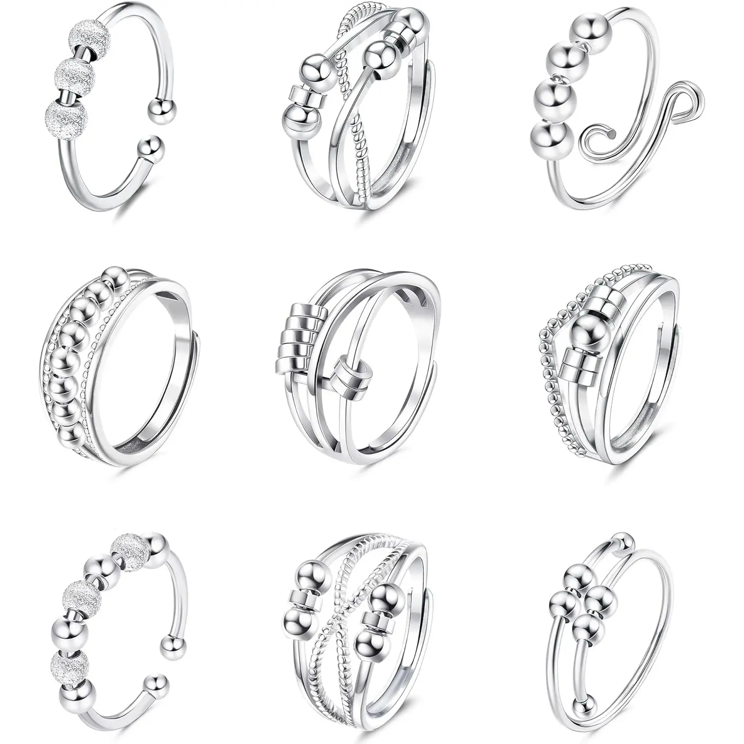 MILACOLATO 9Pcs Anti Anxiety Rings For Women Men Fidget Band Rings Set For Anxiety Unisex Adjustable Stacking Spinner Worry Stress Relief Ring With Beads, Minimalist