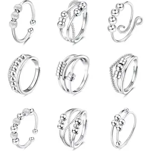 MILACOLATO 9Pcs Anti Anxiety Rings For Women Men Fidget Band Rings Set For Anxiety Unisex Adjustable Stacking Spinner Worry Stress Relief Ring With Beads