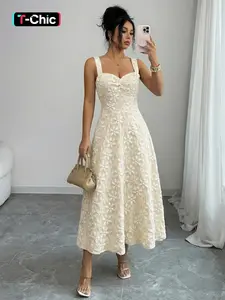 Pure Color Floral Jacquard Halter Sleeveless Dress, Square Neck Ruched Waist, Soft Style, Perfect for Casual Wear, Women's Fashion