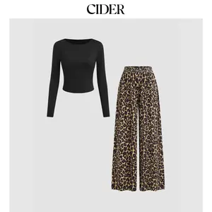 Cider [size 2-10] Round Neckline Long Sleeve Top & Mid Rise Leopard Elastic Waist Wide Leg Trousers Set
