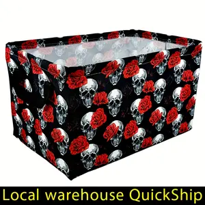 Retro Skull and Red Flower Print Extra Large Foldable Laundry Basket with Handle - Durable Polyester Fiber Storage Basket, Suitable for Bedrooms, Bathrooms, Toy and Clothing Organization, Laundry Room Accessories, Bold Pattern Design