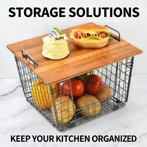 Stackable Metal Wire Basket with Bamboo Lid — Kitchen Countertop Organization & Storage — Cabinet, Shelf, and Counter Space-Saving Organizer — Snack, Fruit, Onion, Potato, Bread Storage Basket