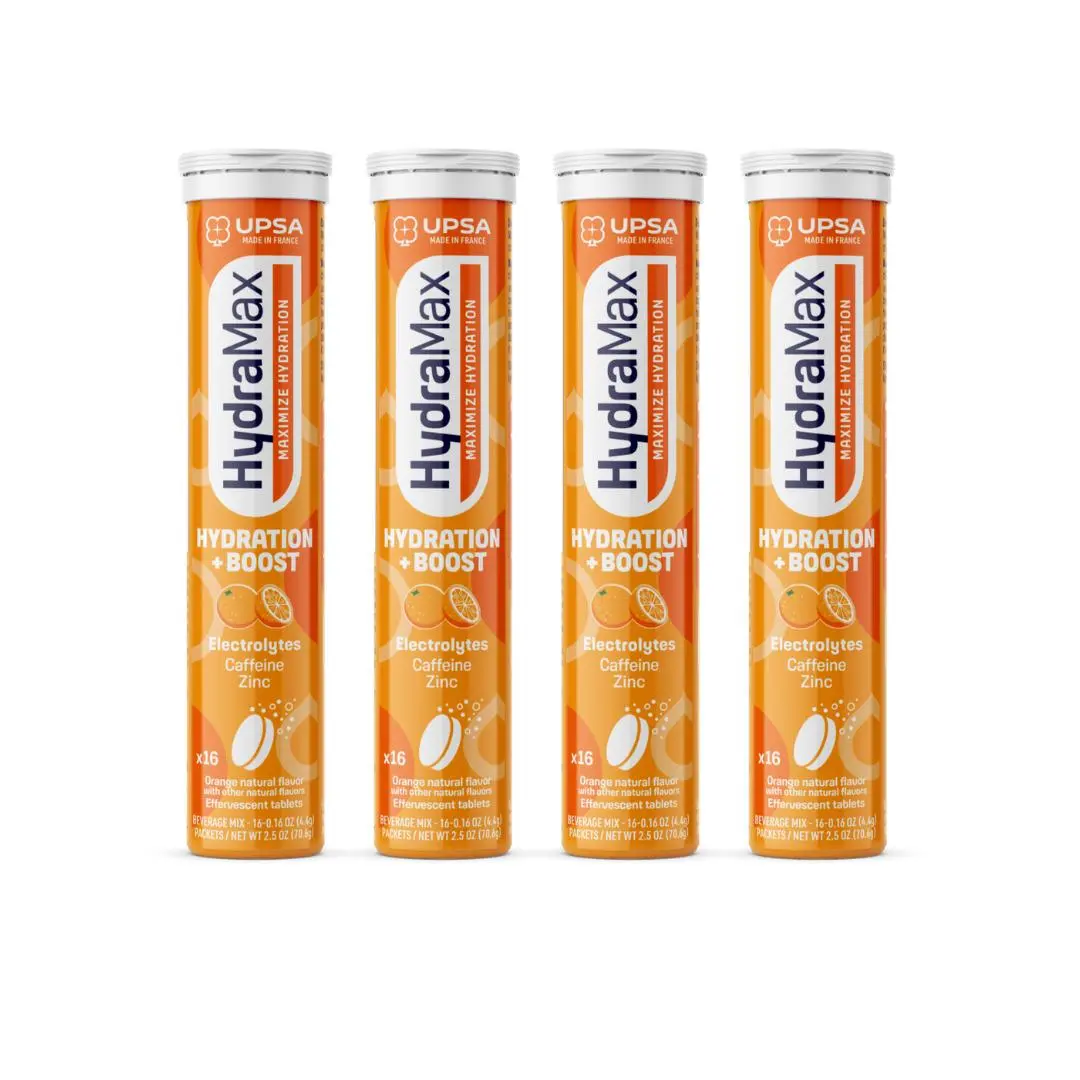 HydraMax Hydration + Boost Effervescent Tablets 4 Packs – Electrolytes with Caffeine, Zinc, Magnesium, Orange Flavor, 16 Tablets, Daily Multivitamin