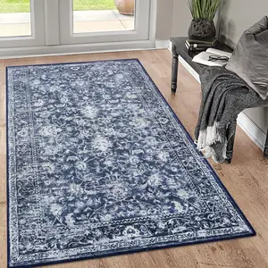 Area Rug 3x5 Washable Entryway Rug Printed Vintage Floral Backed Non Slip Indoor Blue Rugs for Living Room Laundry Room Playroom Mudroom Moroccan Area Rugs