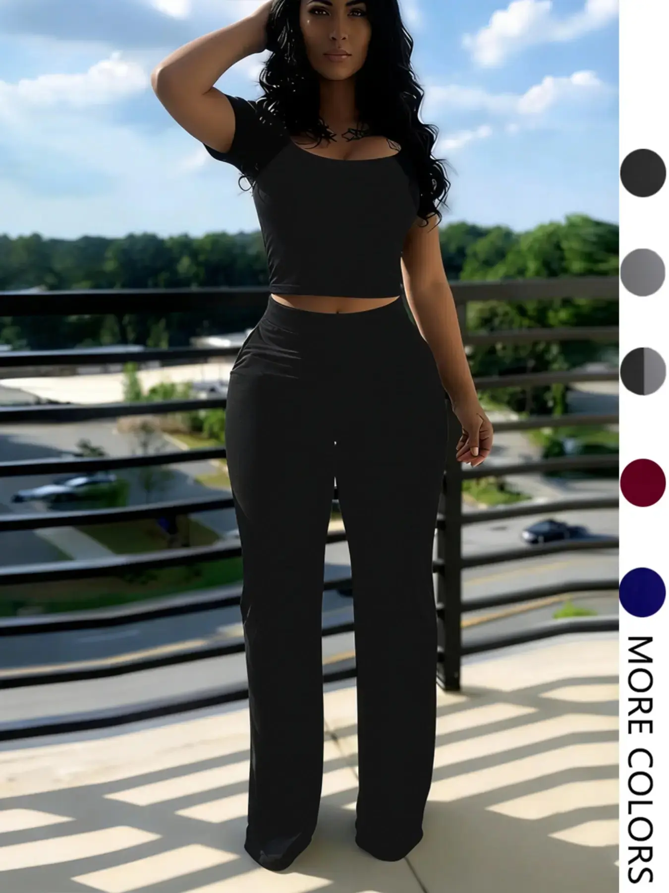 Pure Color Short Sleeve Pocket Low Neck Fashion Casual Long Pants Set, Slim-Fitting Mid Waist, Spring & Fall, Medium Length Womenswear