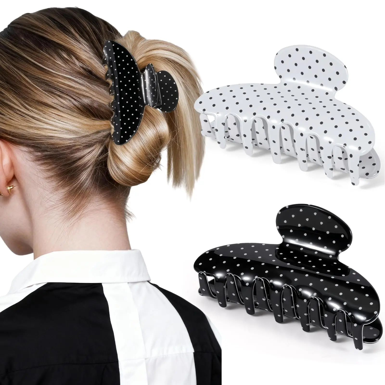 2Pack Polka Dot Hair Claw Clips for Women Medium Red Polka Dots Claw Clips & Hair Clips for Thin or Thick Hair Non Slip Strong Hold Clamps Cute Hair Accessories Girls Ideal Gift（Red, Black, White）