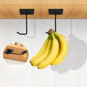 2Pcs Black Banana Holder Under Cabinet Hook for Fresh Bananas & Kitchen Items Folds Up with Magnets Easy Storage Solution