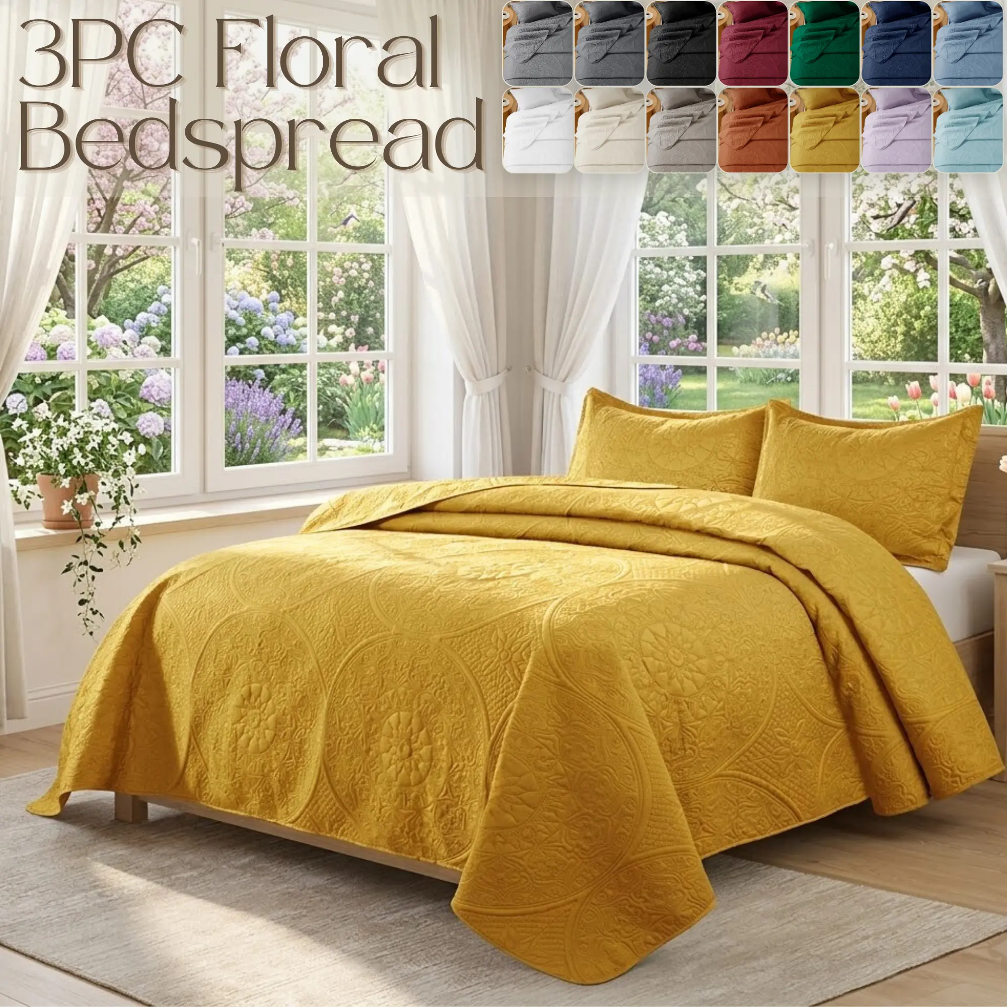 Quilt Bedding Set - 3 Piece Oversized Reversible Ultrasonic Quilt Set Christmas Gift Full Queen Size Floral Pattern Soft Bed Quilt Cover Lightweight Microfiber Hypoallergenic Embossed Design