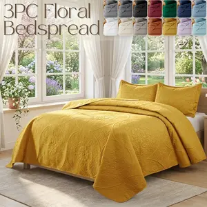 Quilt Bedding Set - 3 Piece Oversized Reversible Ultrasonic Quilt Set Christmas Gift Full Queen Size Floral Pattern Soft Bed Quilt Cover Lightweight Microfiber Hypoallergenic Embossed Design