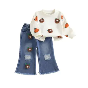 Little Kids Toddler Baby Girls Fall Outfits Crochet Flowers Long Sleeve Sweatshirt and Elastic Ripped Denim Flare Pants Set 2Pcs Infant Clothes