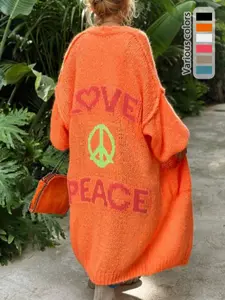 Women's Letter Print Drop Shoulder Long Sleeve Cardigan, Casual Open Front Longline Cardigan for Spring & Fall, Summer Outfits 2024, Fashion Cozy Clothing