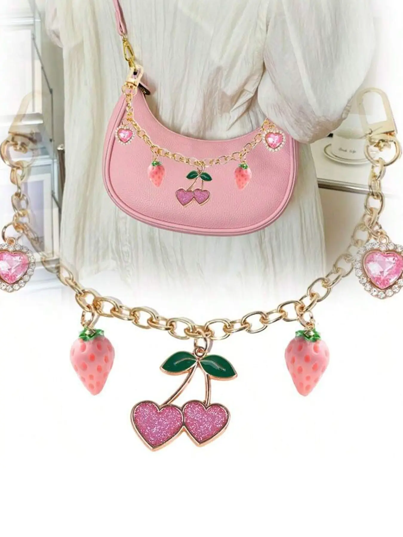 Sweet Strawberry & Cherry Bag Chain Charms, Fruit Bag Charm, Pink Enamel & Crystal Bag Decoration Keychain, Cute Coquette Bag Pendant for Backpack Purse, Ideal for Girly & Sweet Style Lovers