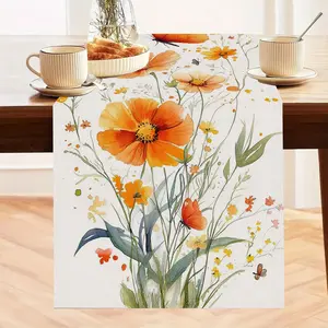 Warm Floral Butterfly Table Runner, Watercolor Style Flowers and Dynamic Butterflies Print, Home Decor for All Seasons