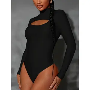 Solid Mock Neck Bodysuit, Casual Cut Out Long Sleeve Bodysuit, Women's Clothing Minimalist Short Basic Comfort Womenswear