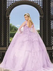 (LIVE 44) Quinceanera Ball Gown Dress - 3D Butterfly & Flower Embroidery Tulle Sweet 15 Dress in Lilac Color