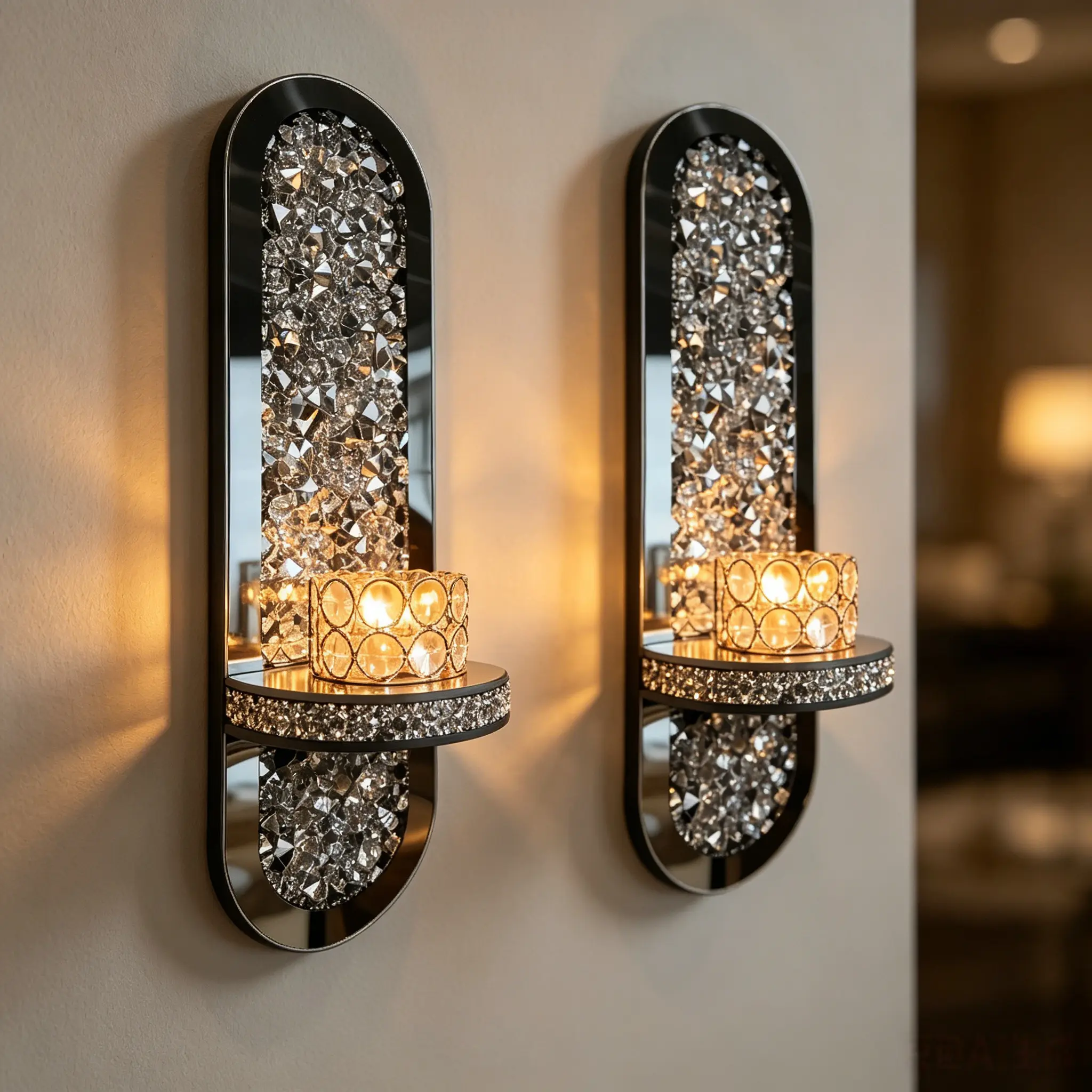 Decorative 2-Pack Gold Luxury Elegant Wall-Mount Mirrored Candle Sconces, Modern Home Decor for Flameless Candles, Christmas, Bedroom