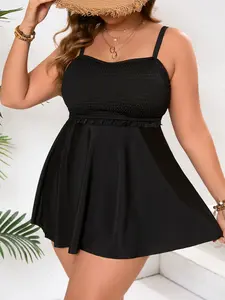 2026 Plus Size Black Smocked Tankini Swimsuit with Boyshorts, Flowy Ruffle Hem Bathing Suit, Modest Tummy Control Curvy Swimwear for Summer Beach Pool Vacation