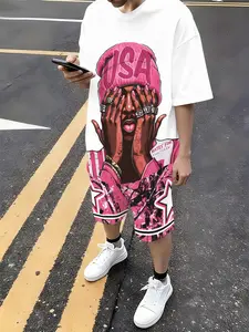American Hip-Hop Streetwear Sports Kids' Clothing Set, High Saturation Color Block Design, Trendy Portrait Print, Spring Summer