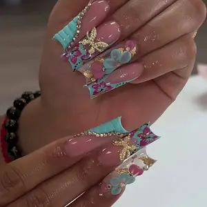 24 Pcs 3D Lake Blue Tropical Long Square Nails, Hibiscus Butterfly Design with Rhinestones and Gold Foil, Glossy Reusable False Nails, Y2K Style