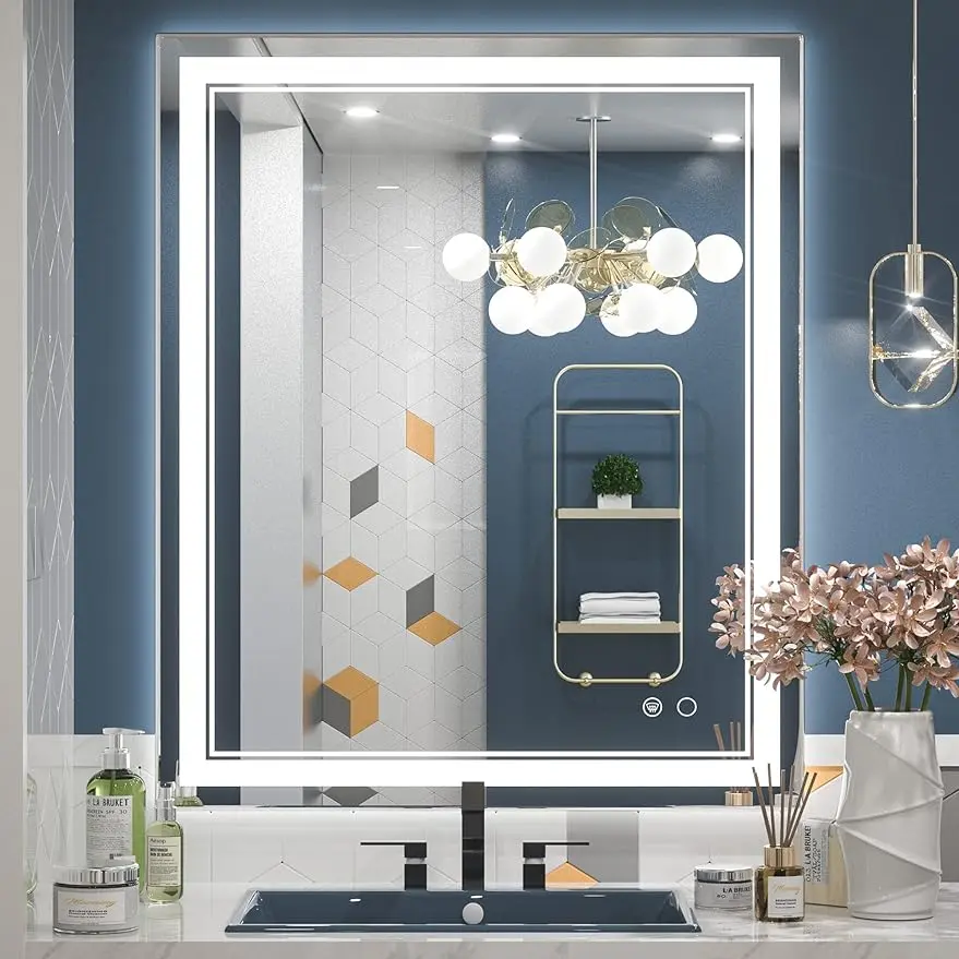 Keonjinn 36x30 Inch LED Bathroom Mirror, Adjustable 3000K/4500K/6000K Lights, Bathroom Vanity Mirror with Front Lights, Wall Mounted Anti-Fog Dimmable Lighting Makeup Mirror(Horizontal/Vertical)-B09S3F3YPP