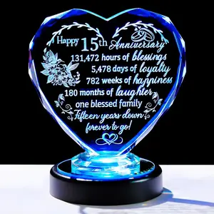 15th Wedding Anniversary Crystal Gifts for Wife Her - 15 Year Crystal Heart Anniversary Plaque With Multicolor LED Light Base for Women Husband