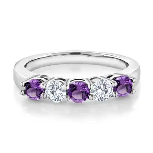 Gem Stone King 925 Sterling Silver Purple Amethyst and White Moissanite 5-Stone Wedding Anniversary Band Ring For Women (0.80 Cttw, Gemstone February Birthstone)