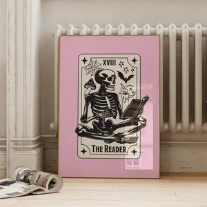 The Reader Tarot Card Print | Witchy Reading Nook Skeleton Wall Art Poster | Pink Book Lovers Gift