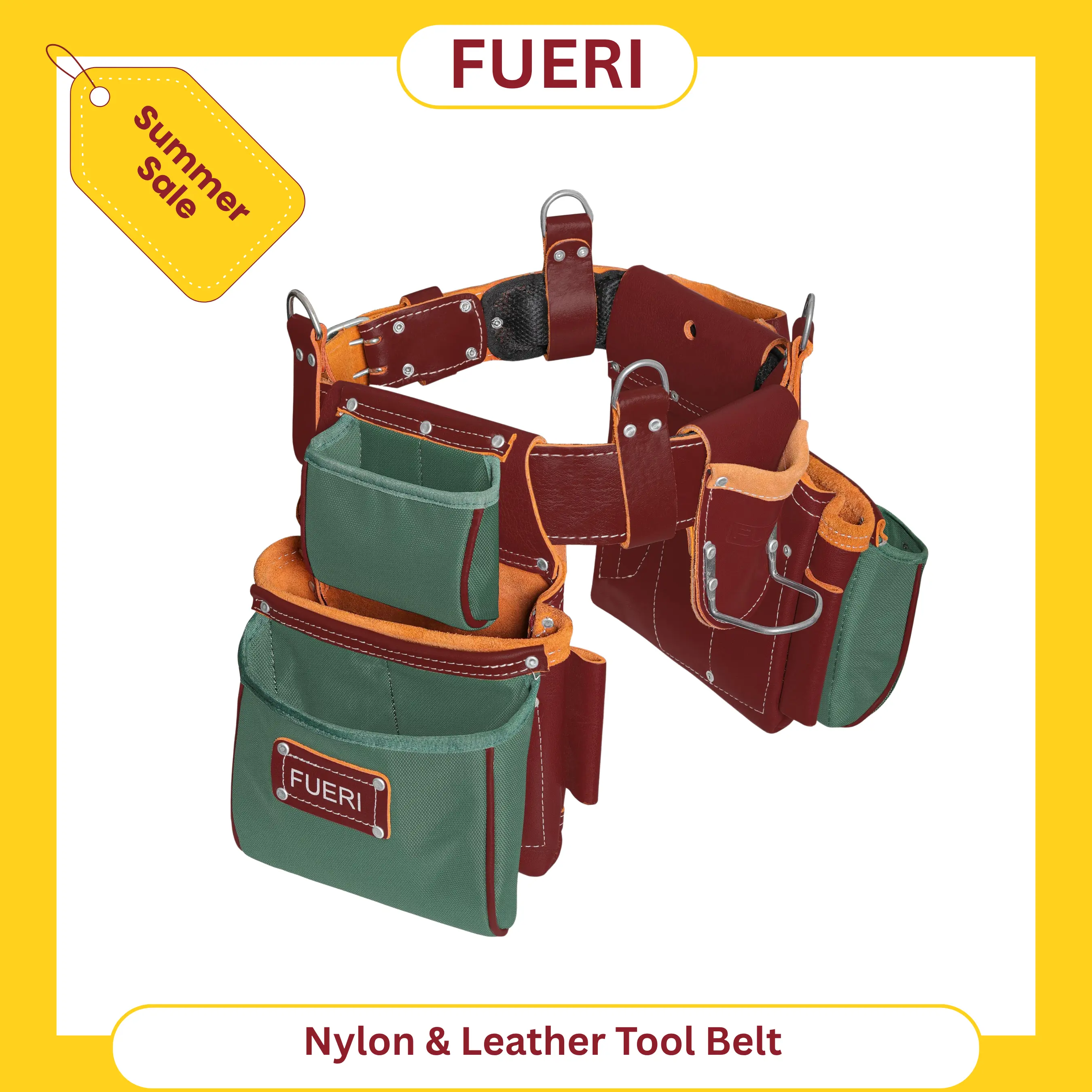 FUERI Nylon & Leather Tool Bag Organizer with Suspender, 19 Tool Pockets, Adjustable Foam-Padded Waistband, 4 D-Loops, Hammer Holder, Belt-Mounted Heavy-Duty Option for Carpenters