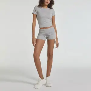 Women's 2-Piece Casual Workout Tracksuit Sets - Slim Short-Sleeve Top, Low-Waist Foldover Shorts for Women, Premium Viscose Spandex Blend Summer Streetwear, 2 Piece Sets
