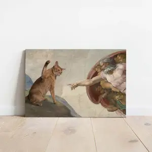 Highquality Print Funny Cat God Creation Of Adam Meme Michelangelo Jesus Art Wall Decor Poster